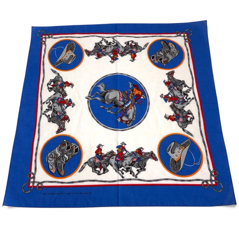 Vintage Western Rodeo Cowboy Blue and White Cowboy Print Scarf‎ - 21x21